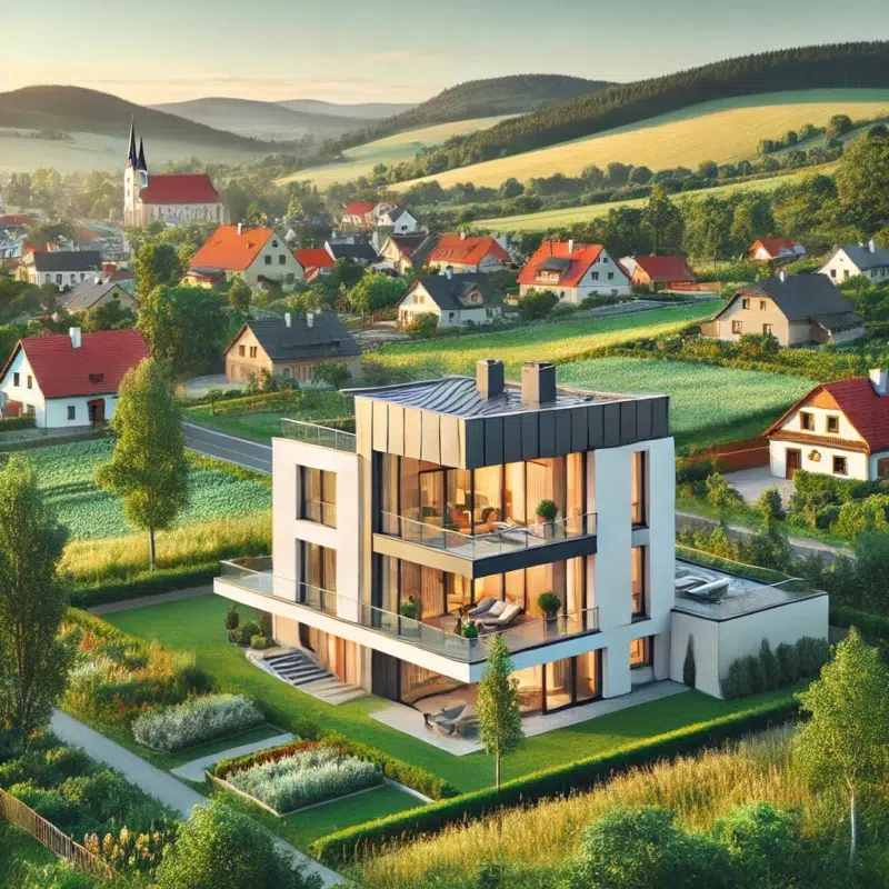 DALL·E 2024 10 02 18.19.03 A modern house in the Czech Republic with a picturesque landscape in the background displaying the charm of real estate in Czech cities and rural are