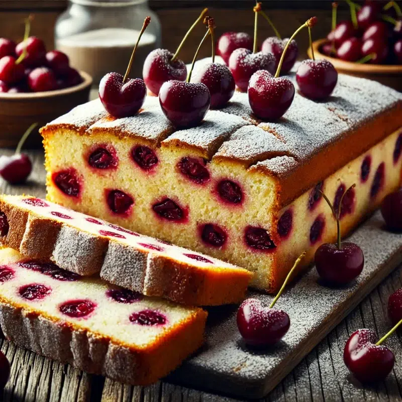 DALL·E 2024 10 26 09.42.33 Create an image of a traditional Bublanina cake a Czech fruit cake cut into rectangular slices and layered. The cake is sprinkled with powdered suga