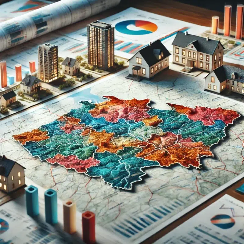 DALL·E 2024 10 30 20.13.35 A conceptual image illustrating the theme of regions with potential for real estate price growth in the Czech Republic. The scene shows a map of the C